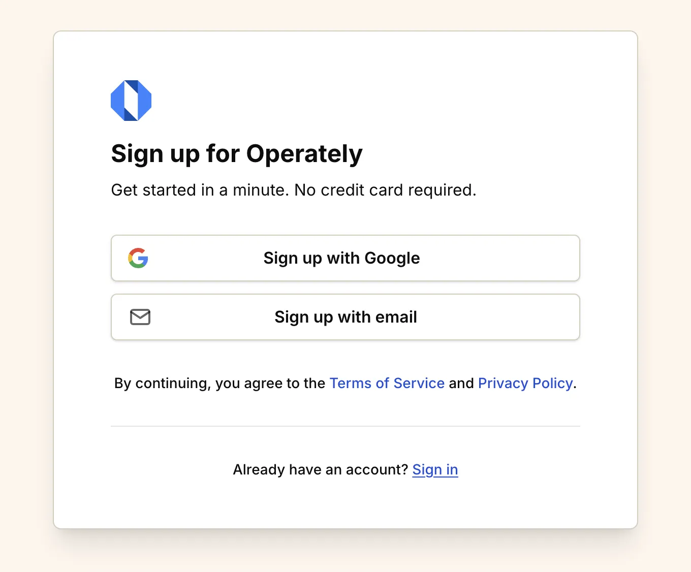 Screenshot: Initial sign-up screen with Google and email options